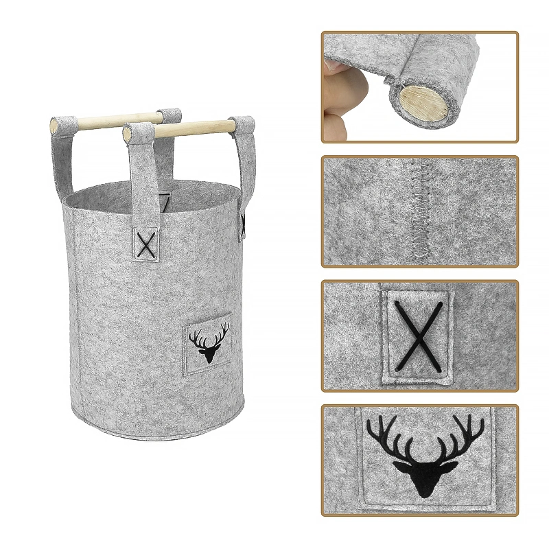 Custom Logo Home Storage Laundry Basket Clothes Kids Toys Felt Cloth Organizer with Wood Handle