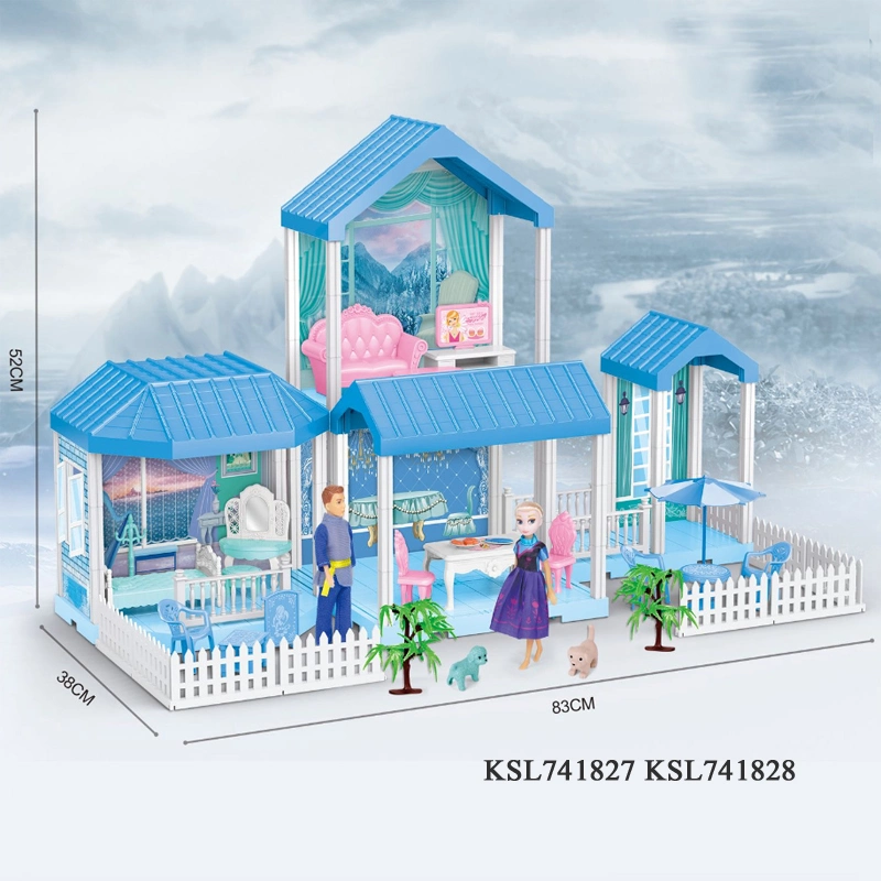 Frozen Blue Color Girl Lovely Villa Kids Plastic DIY Doll House Toys Princess Pretend Play Dollhouse Furniture Rich Accessories Girls Gift Doll House Toys