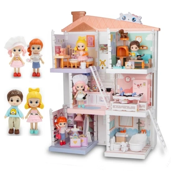 Factory Direct Sales Pretend Play Set Girls Dream House Kids Blue Villa DIY Doll House Toys Furniture Dollhouse Luxurious Dolls House